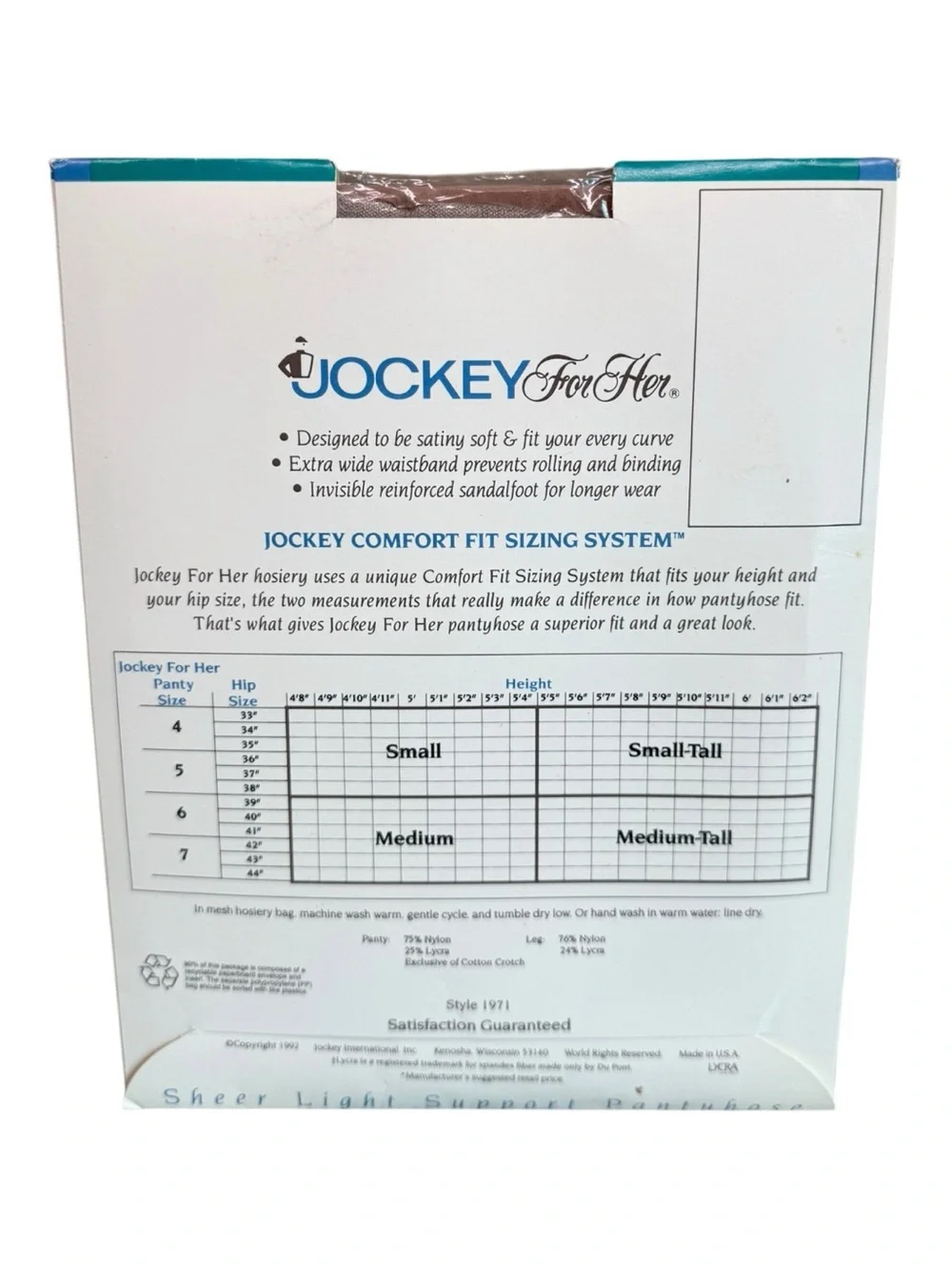 1992 Jockey For Her Sheer Light Support Control Top Pantyhose Size Small Taupe